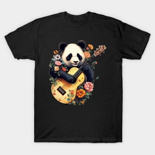 Cute Cottagecore Aesthetic Panda Playing Guitar Floral T-Shirt